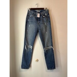 GRLFRND Jeans Womens Sz 26 Karolina‎ Blue Distressed Cropped Button Fly Denim
